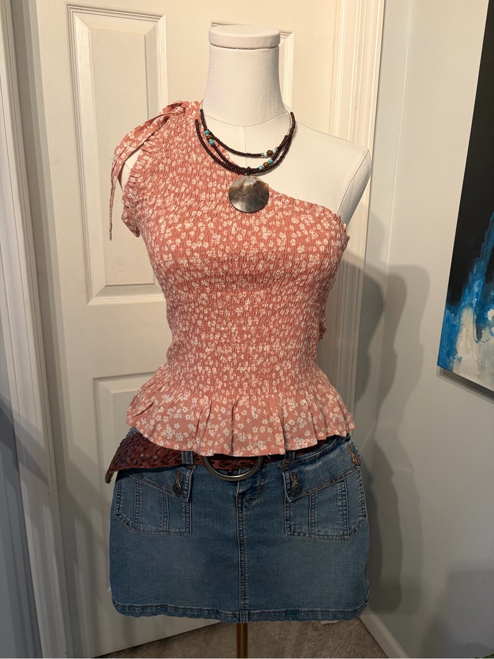 Universal Thread One-Shoulder Floral Smocked Peplum Top in Dusty Rose